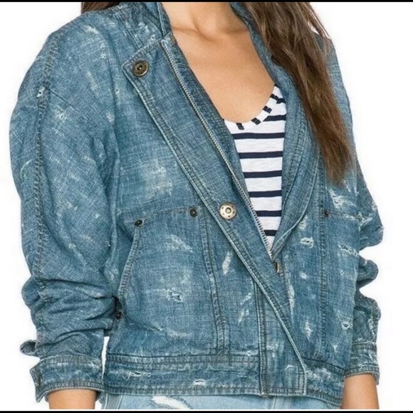 Free People Tattered Tennis Denim Bomber Jacket - Picture 4 of 7